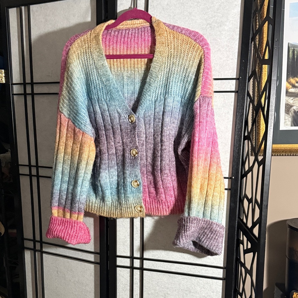 SHEIN Multicolor Oversized Drop Shoulder Colorful Ombre Gradient Cardigan M L XL